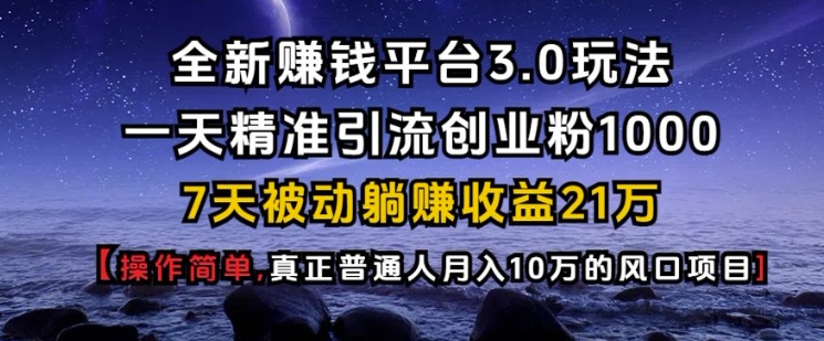 全新赚钱平台3.0玩法一天精准引流创业粉1000.7天被动躺Z收益21W【仅揭秘】-瀚宇网创