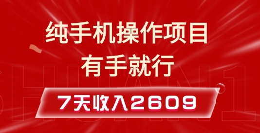 纯手机操作的小项目，有手就能做，7天收入2609+实操教程【揭秘】-瀚宇网创