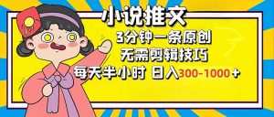 小说推文6.0,简单无脑,3分钟一个原创作品,每天半小时,日入300-1000...-瀚宇网创