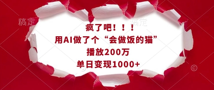 疯了吧!用AI做了个“会做饭的猫”,播放200万,单日变现1k-瀚宇网创