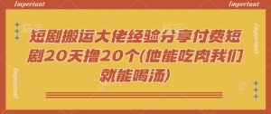 短剧搬运大佬经验分享付费短剧20天撸20个(他能吃肉我们就能喝汤)-瀚宇网创