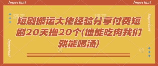 短剧搬运大佬经验分享付费短剧20天撸20个(他能吃肉我们就能喝汤)-瀚宇网创