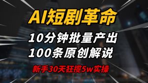 AI短剧革命！10分钟批量产出100条原创解说，新手30天狂揽5w实操揭秘-瀚宇网创