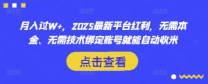 月入过W+，2025最新平台红利，无需本金、无需技术绑定账号就能自动收米-瀚宇网创