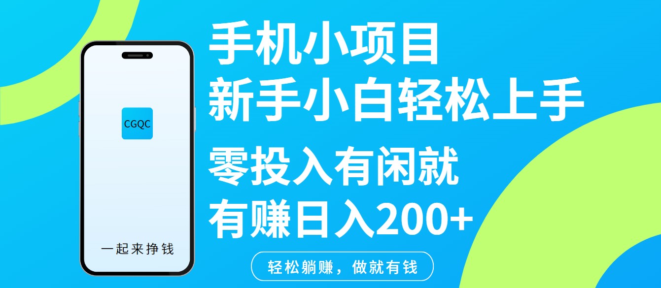 手机小项目新手小白轻松上手零投入有闲就有赚日入200+-瀚宇网创