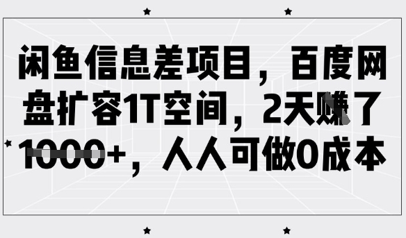 闲鱼信息差项目，百度网盘扩容1T空间，2天收益1k+，人人可做0成本-瀚宇网创