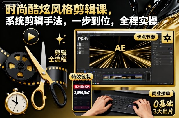 时尚酷炫风格剪辑课,系统剪辑手法,一步到位,全程实操-瀚宇网创