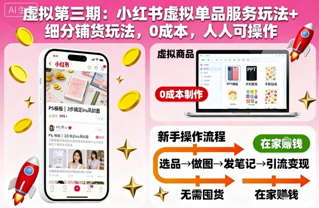 虚拟第三期：小红书虚拟单品服务玩法+细分铺货玩法，0成本，人人可操作-瀚宇网创