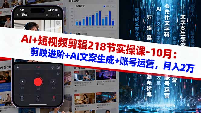 AI+短视频剪辑218节实操课-10月：剪映进阶+AI文案生成+账号运营，月入2万-瀚宇网创