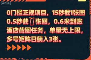 0门槛正规项目，15秒截1张图，0.6米到账，酒店截图任务，单量无上限，多号矩阵日躺入3张【揭秘】-瀚宇网创