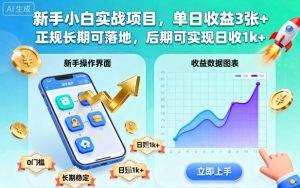 新手小白实战项目，单日收益3张+，正规长期可落地，后期可实现日收1k+【揭秘】-瀚宇网创