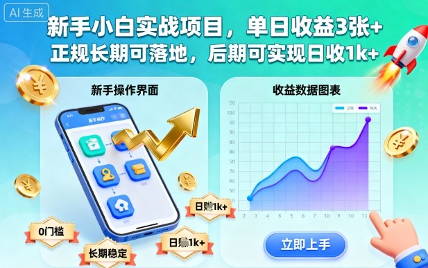 新手小白实战项目，单日收益3张+，正规长期可落地，后期可实现日收1k+【揭秘】-瀚宇网创