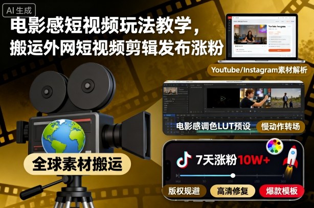 电影感短视频玩法教学,搬运外网短视频剪辑发布涨粉-瀚宇网创