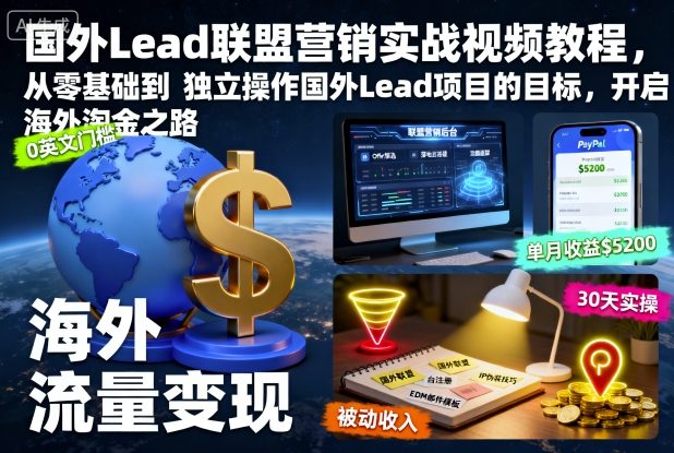 国外Lead联盟营销实战视频教程,从零基础到独立操作国外Lead项目的目标,开启海外淘金之路-瀚宇网创