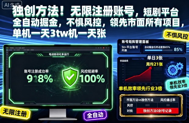 独创方法!无限注册账号,短剧平台全自动掘金,不惧风控,领先市面所有项目,单机一天3张【揭秘】-瀚宇网创