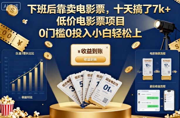 下班后靠卖电影票，十天搞了7k+，低价电影票项目，0门槛0投入小白轻松上手【揭秘】-瀚宇网创