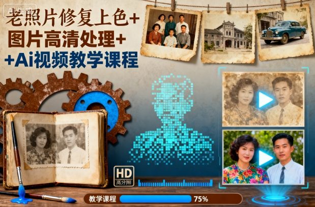 老照片修复上色+图片高清处理+Ai视频教学课程-瀚宇网创