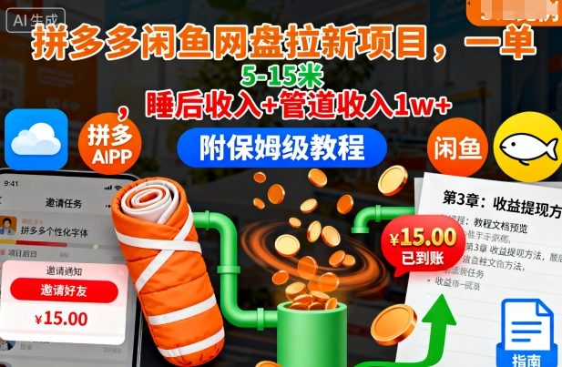 拼多多闲鱼网盘拉新项目，一单5-15米，睡后收入+管道收入1w+(附保姆级教程)-瀚宇网创