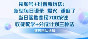 视频号加抖音新玩法：爆火新型每日语录，收徒教学加分成计划，三种变现玩法，当日变现7张-瀚宇网创