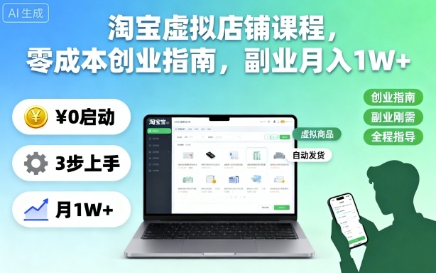 淘宝虚拟店铺课程，零成本创业指南，副业月入1W+-瀚宇网创
