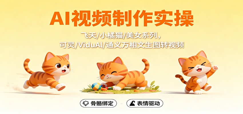 AI视频制作实操，飞天/小橘猫/美女系列，可灵/ViduAl/通义万相文生图转视频-瀚宇网创