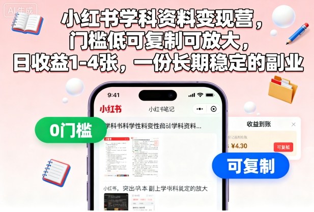 小红书学科资料变现营,门槛低可复制可放大,日收益1-4张,一份长期稳定的副业-瀚宇网创