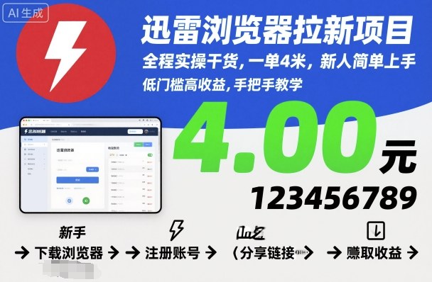 迅雷浏览器拉新项目,全程实操干货,一单4米,新人简单上手-瀚宇网创