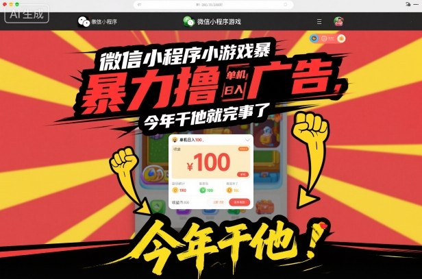微信小程序小游戏暴力撸广告,单机日入100,今年干他就完事了-瀚宇网创