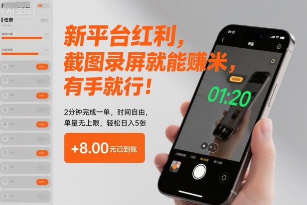 新平台红利，截图录屏就能賺米，有手就行！2分钟完成一单，时间自由，单量无上限，轻松日入5张【揭秘】-瀚宇网创