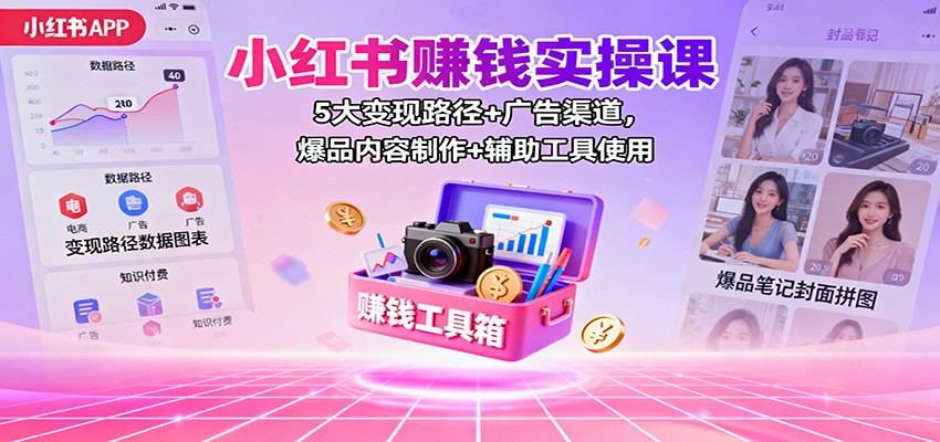 小红书赚钱实操课：5大变现路径+广告渠道，爆品内容制作+辅助工具使用-瀚宇网创