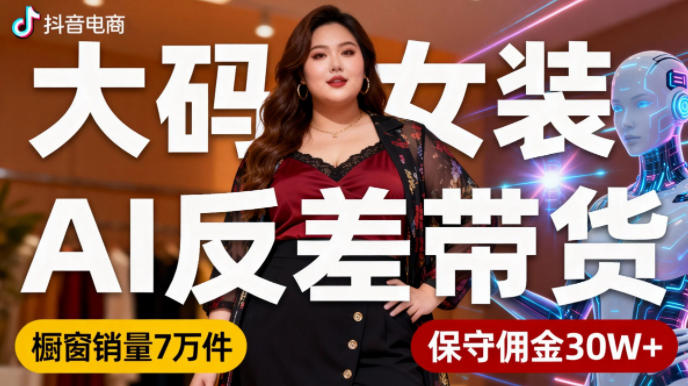抖音小众赛道,大码女装AI反差带货,不用直播,每天6条作品,橱窗卖7万件,保守佣金30W+-瀚宇网创
