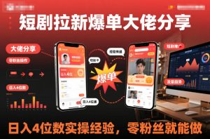 短剧拉新爆单大佬分享日入4位数实操经验，零粉丝就能做-瀚宇网创