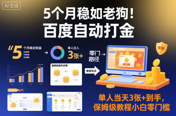 5个月稳如老狗！百度自动打金，单人当天3张+到手，保姆级教程小白零门槛【揭秘】-瀚宇网创