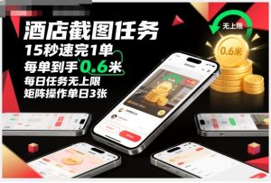 酒店截图任务，15秒速完1单，每单到手0.6米，每日任务无上限，全网首发玩法，矩阵操作单日3张【揭秘】-瀚宇网创