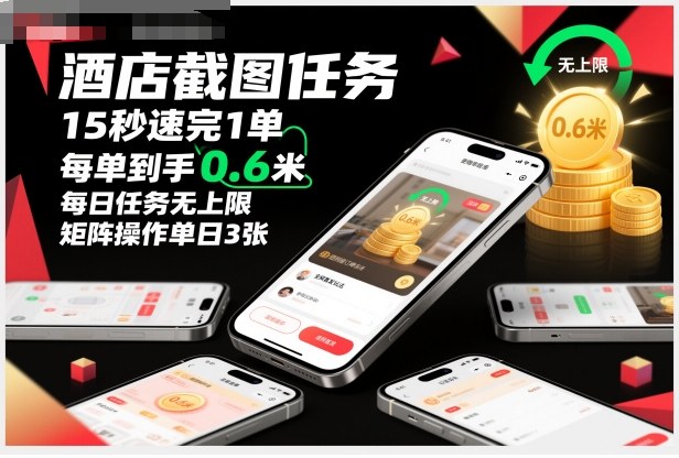 酒店截图任务，15秒速完1单，每单到手0.6米，每日任务无上限，全网首发玩法，矩阵操作单日3张【揭秘】-瀚宇网创
