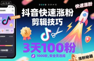 抖音快速涨粉剪辑技巧，3天1000粉，安全无违规-瀚宇网创