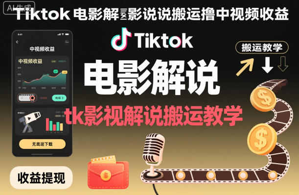 Tiktok电影解说搬运撸中视频收益，tk影视解说搬运教学-瀚宇网创