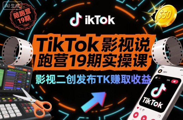 TikTok影视解说陪跑营19期实操课,影视二创发布TK賺取收益,万播收益50美金-瀚宇网创
