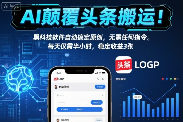 AI颠覆头条搬运!黑科技软件自动搞定原创,无需任何指令。每天仅需半小时,稳定收益3张【揭秘】-瀚宇网创