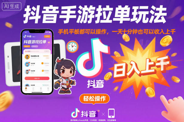抖音手游拉单玩法,手机平板都可以操作,一天十分钟也可以收入上K【揭秘】-瀚宇网创