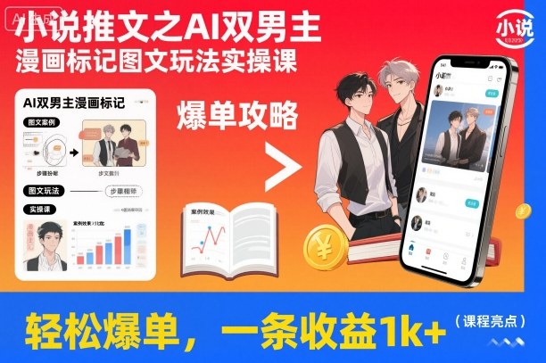 小说推文之AI双男主漫画标记图文玩法实操课,轻松爆单,一条收益1k+-瀚宇网创