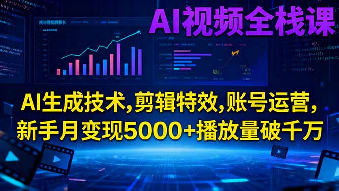 AI视频全栈课:AI生成技术,剪辑特效,账号运营,新手月变现5000+播放量破千万-瀚宇网创