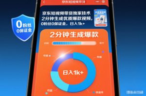 京东短视频带货独家技术，2分钟生成一条优质爆款视频，0粉丝0保证金，日入1k+【揭秘】-瀚宇网创