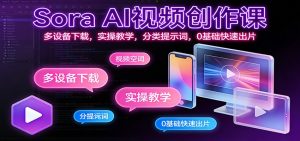Sora AI视频创作课:多设备下载,实操教学,分类提示词,0基础快速出片-瀚宇网创