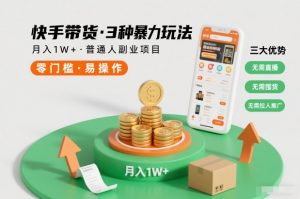 快手带货3种暴力玩法，月入1W+，无需直播、无需囤货、无需拉人推广，适合普通人副业项目-瀚宇网创
