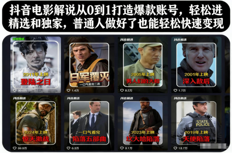 抖音电影解说从0到1打造爆款账号,轻松进精选和独家,普通人做好了也能轻松快速变现-瀚宇网创