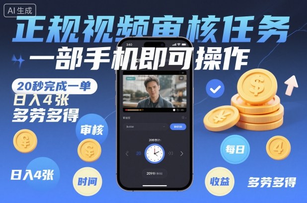 正规视频审核任务,一部手机即可操作,20秒完成一单,日入4张,多劳多得【揭秘】-瀚宇网创