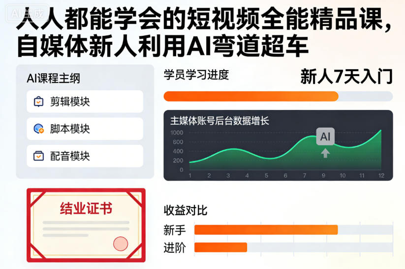 人人都能学会的短视频全能精品课,自媒体新人利用AI弯道超车-瀚宇网创