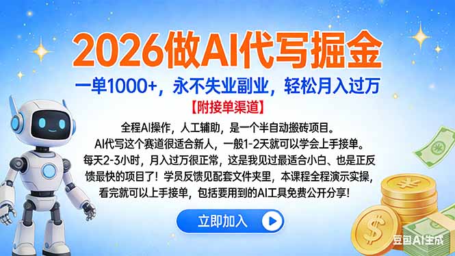 2026做AI代写掘金，一单1000+，永不失业副业，轻松月入过万-瀚宇网创