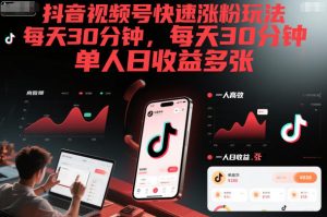 抖音视频号快速涨粉玩法，每天30分钟，单人日收益多张-瀚宇网创